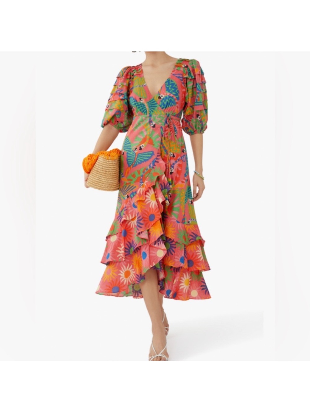 FARM Rio Coral Floral Ruffle High-Low Dress